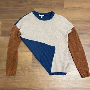 Womens Sweater Colorblock Two Tone Long Sleeve Knit M Blue Tan Camel Orange Fall